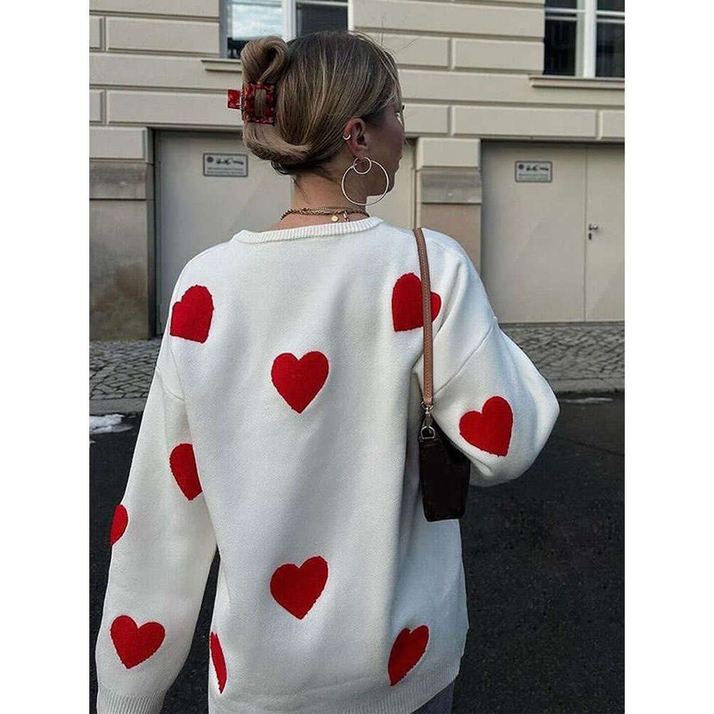 Fashion Chic Printed Heart Knitted Pullover Women Casual Round Neck Long Sleeve Loose Sweater Autumn New Female Commuting Jumper