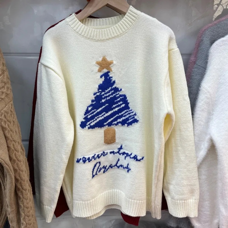 Christmas Harajuku sweater atmospheric winter retro lucky tree embroidery long sleeved round neck loose knit sweater 241025