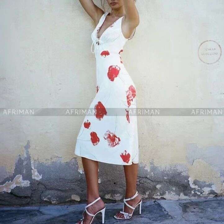 Women V Neck Sleeveless Wer Print Double Layer Silk Midi Dress