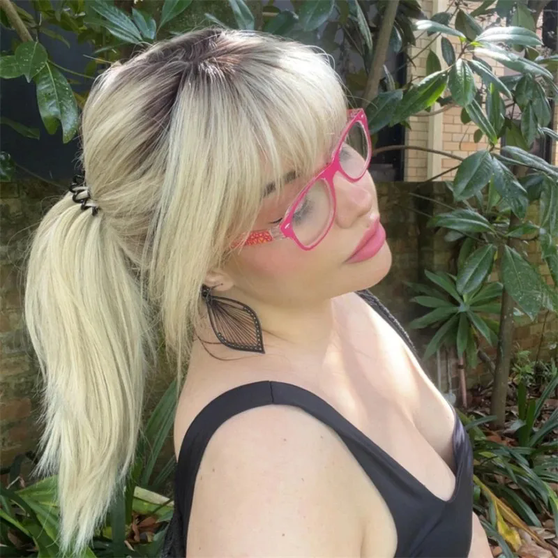 Glueless Human Hair Wig Ombre Honey Blonde Ash Roots Lace Front Wig layered Straight Hair Ponytailed with Fringe Natural Look Bangs Wig
