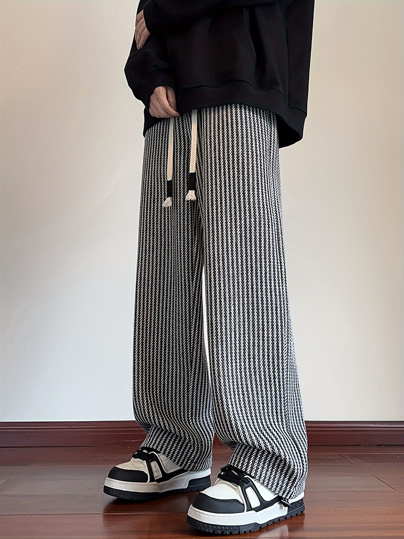 Men's casual striped pants with waistband design - mid waist design, polyester fabric, elastic waistband, straight cut, with waistband included