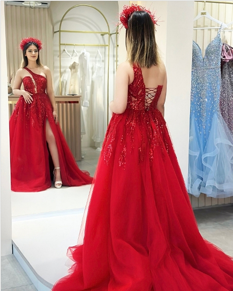 Chic One Shoulder Red Prom Dresses With Sequins Lace Appliques Sleeveless Strap Lace-Up A Line Tulle Evening Gowns Side Slit Special Occasion Dress Ce