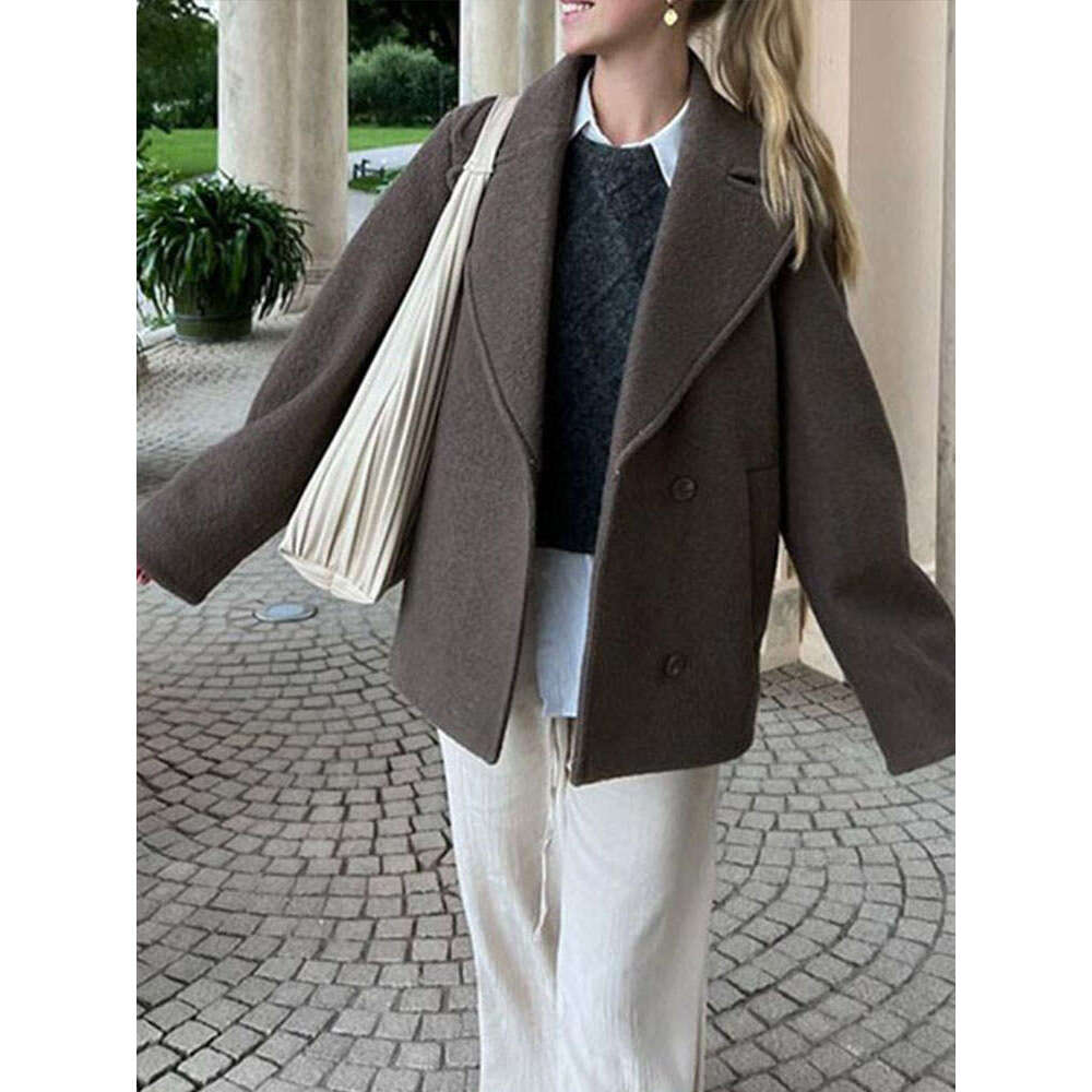 Woolen Solid Women Short Coat Thick Lapel Double Breasted Female Jacket 2024 Autumn Long Sleeve Pocket Lady Blazer Jackets
