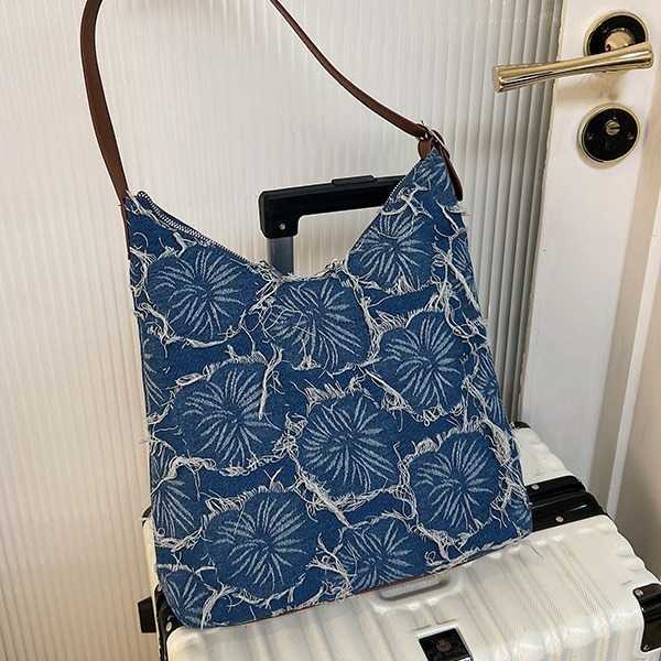 CMM Ladies Washed Denim Commuting Tote Bag New Flower Fringed Single Shoulder Underarm Bucket Bag