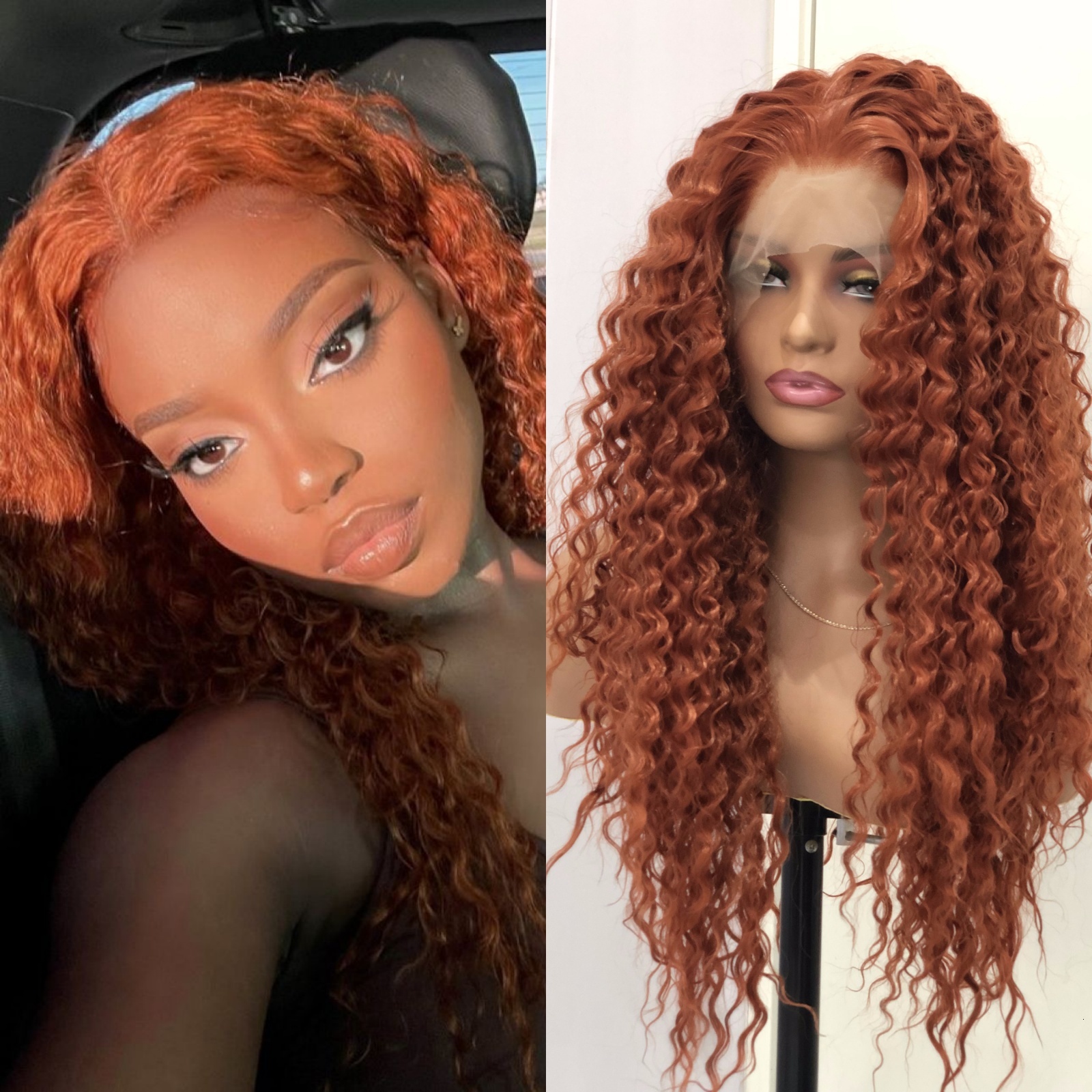 Ginger Deep Synthetic Front Wig Glueless Colored Hair Long Reddish Brown Curly Lace Frontal Wigs for Women Party