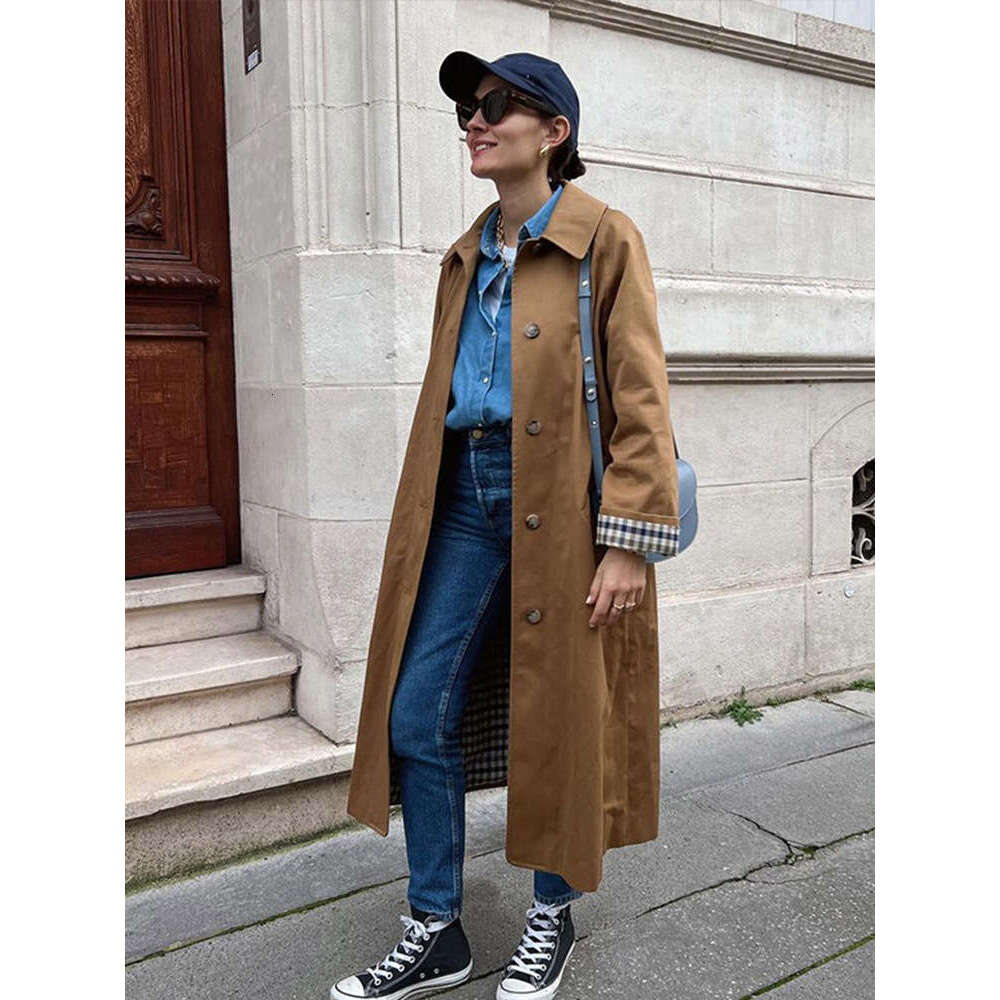 Women's long windbreaker loose collar single breasted coat autumn long sleeved women's retro women's jacket windbreaker coat, street dr