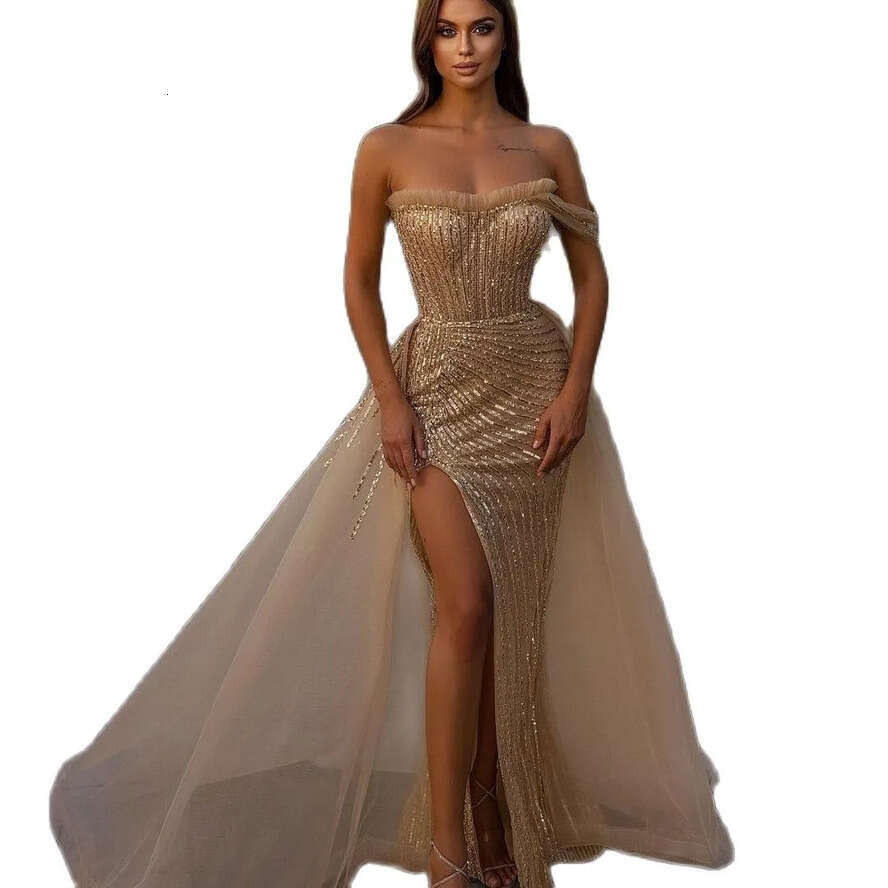 Champagne Mermaid Prom Dresses Princess Sleeveless Strapless Appliques Sequins Beads Bateau Lace Side Slit Or Length Party Gowns Plus Size Custom Made