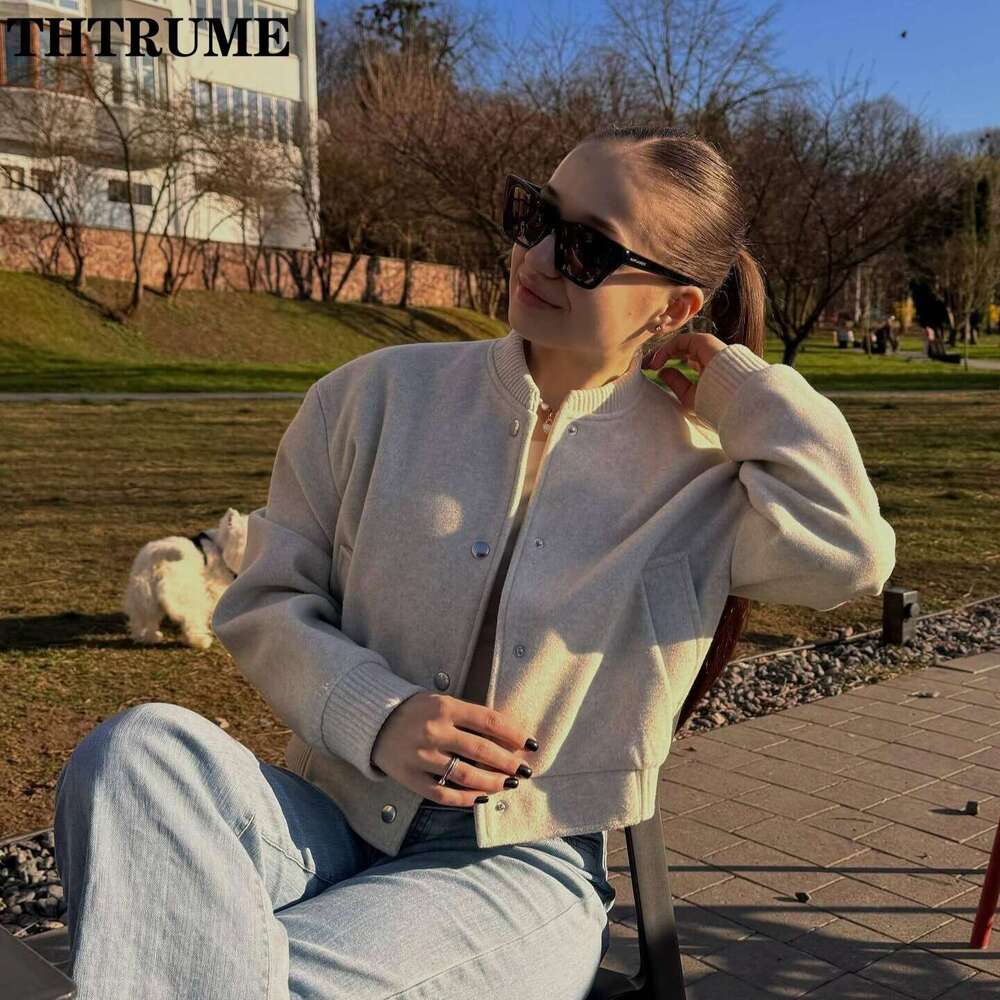 2024 New Single Breasted Jackets For Women Fashion Solid Round Neck Bomber Tweed Coats Casual Streetwear Autumn Winter Outwear