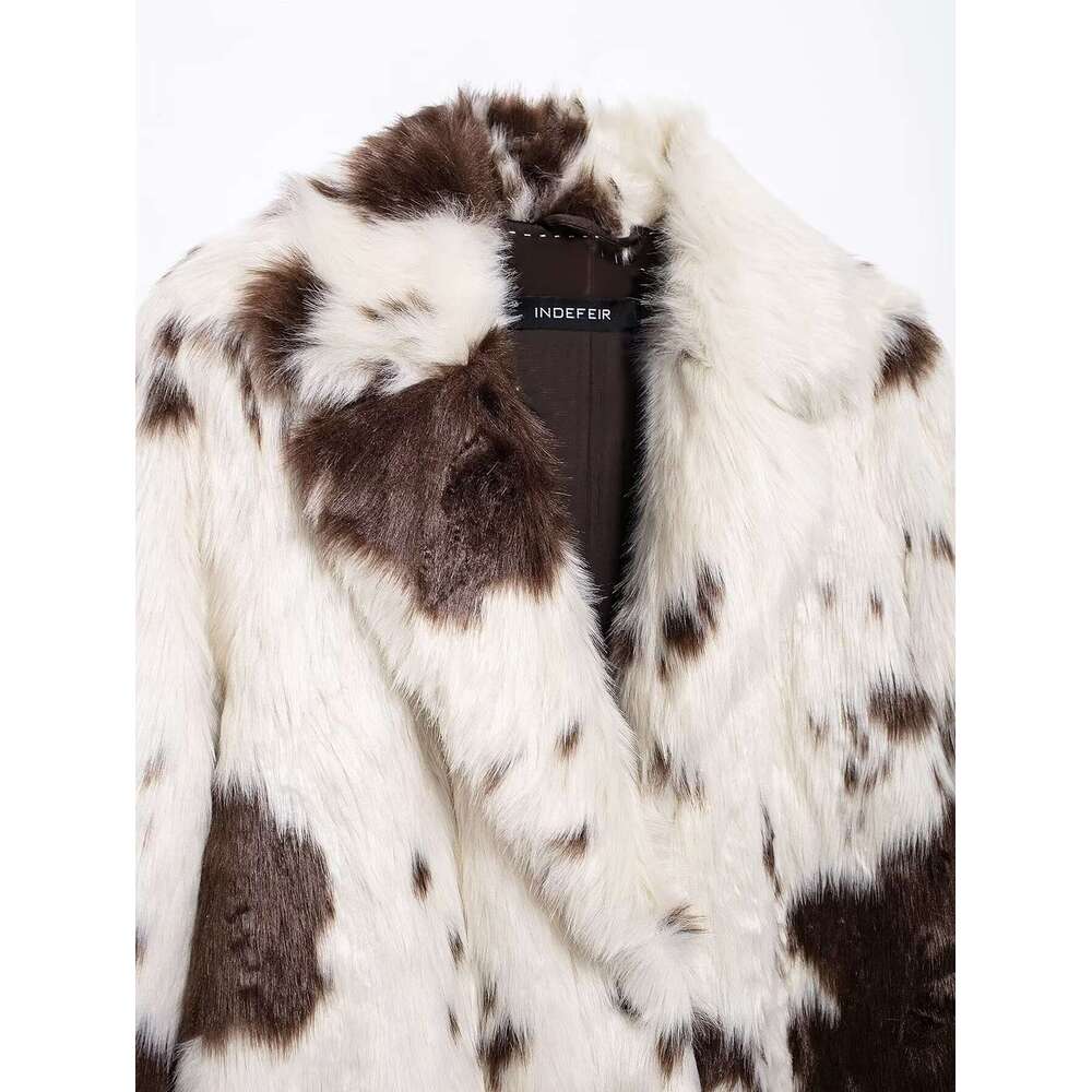 TRAFZA Vintage Fall Winter Faux Fur Women's Animal Pattern Lapel Long New 2024 Fashion High Street Y2k Coat