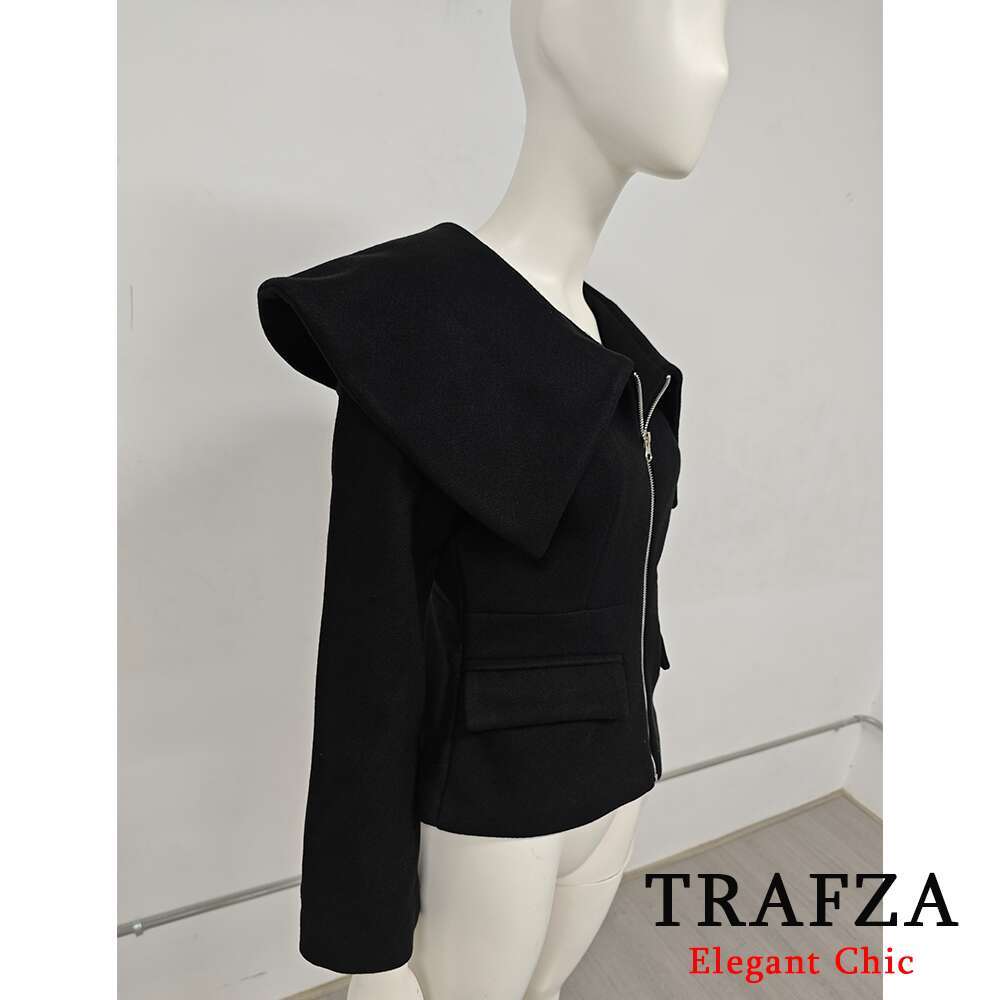 Trafza-Women Fashion Large Lapel Zipper Pocket New 2024 Autumn Winter High Street Elegant Y2k Female Jacket
