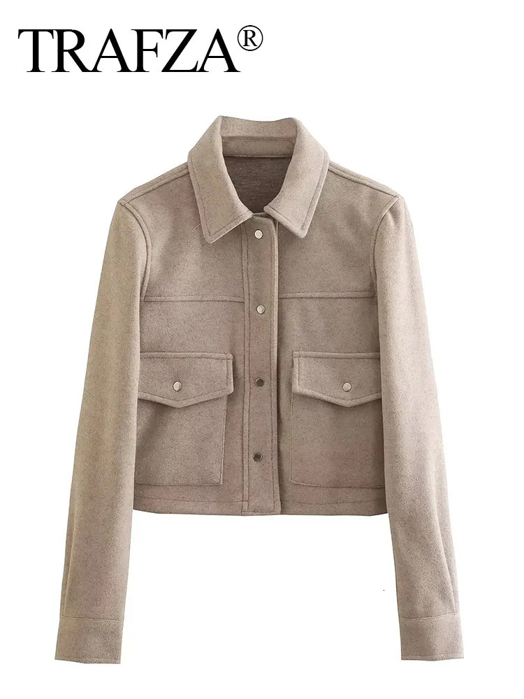 TRAFZA Jackets For Womens Autumn Fashion Solid Front Pockets Button Long Sleeve Jacket Elegant Woman Casual Outerwear Coat 241024