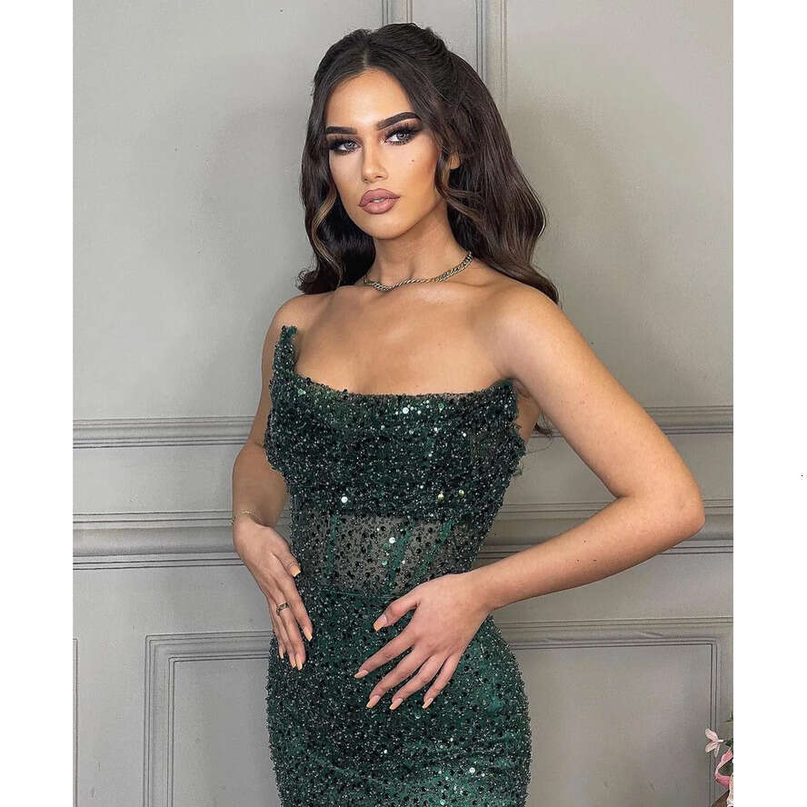 Dark Green Mermaid Evening Elegant Black Girl Illusion Strapless Pearls Sequins Glitter Prom Dress Long Dresses For Special Ocns 0515