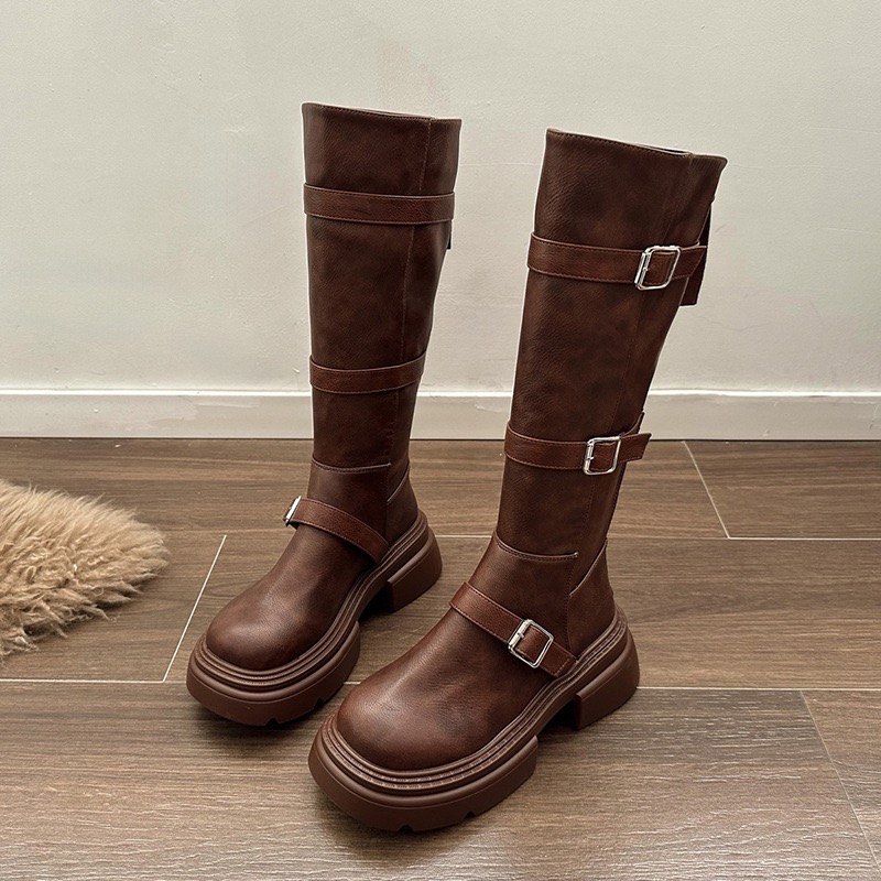 natural Women's suede leather chunky heel platform metal buckle punk female autumn New knee high side zip knight boots shoes