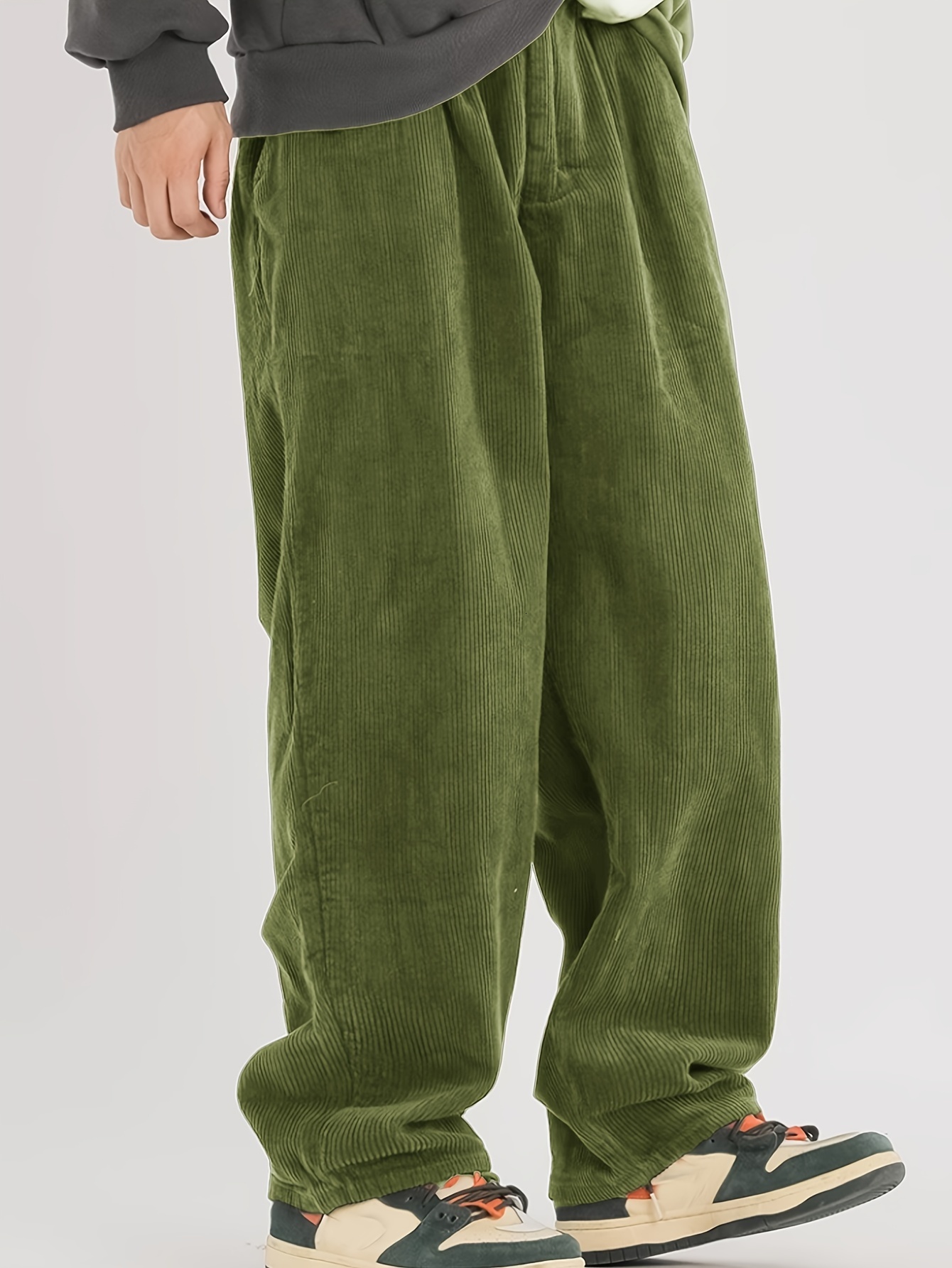 Men's basic corduroy straight leg pants, solid color pants with pockets, suitable for casual daily wear