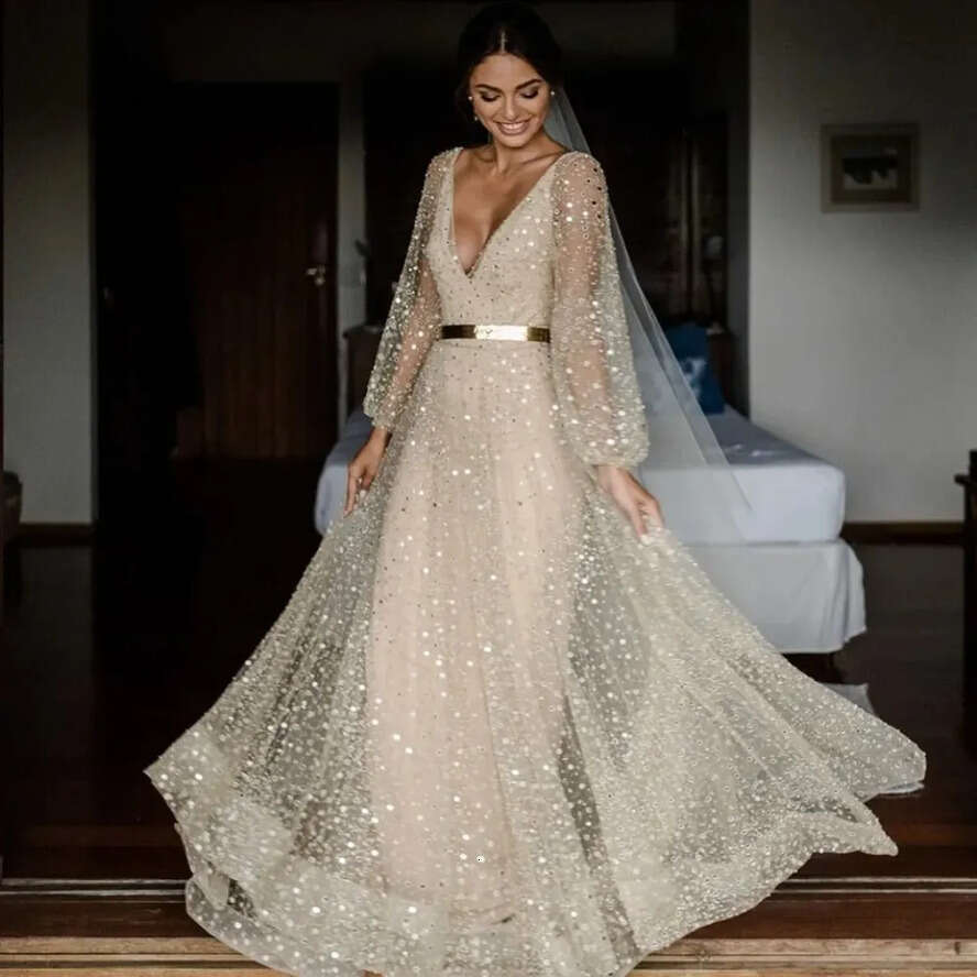 Stunningbride 2024 Boho Champagne Dresses V Neck Long Sleeves Sequined Bridal Gowns Or Length Plus Size Beach Bohemian Wedding Dress 0514