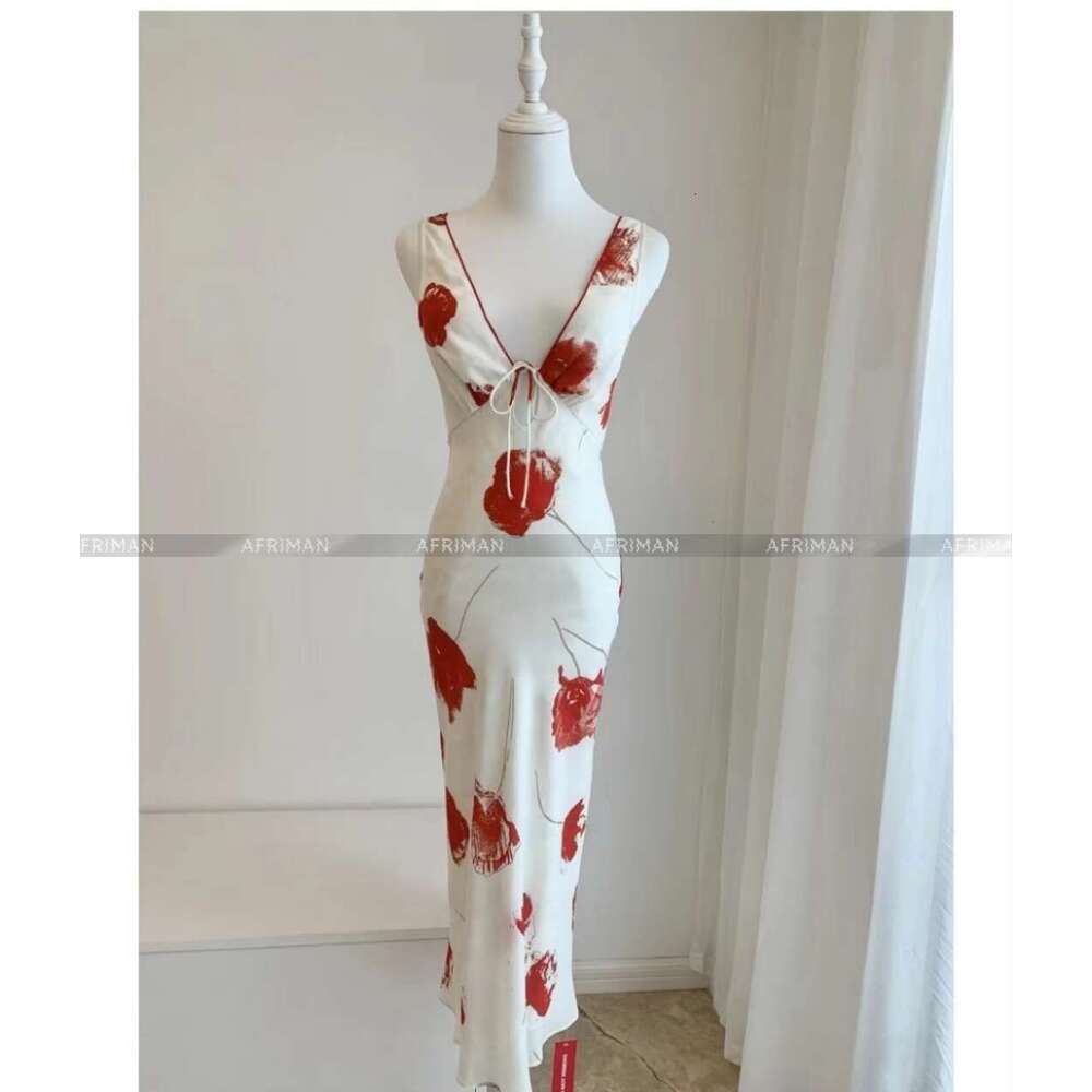 Women V Neck Sleeveless Wer Print Double Layer Silk Midi Dress
