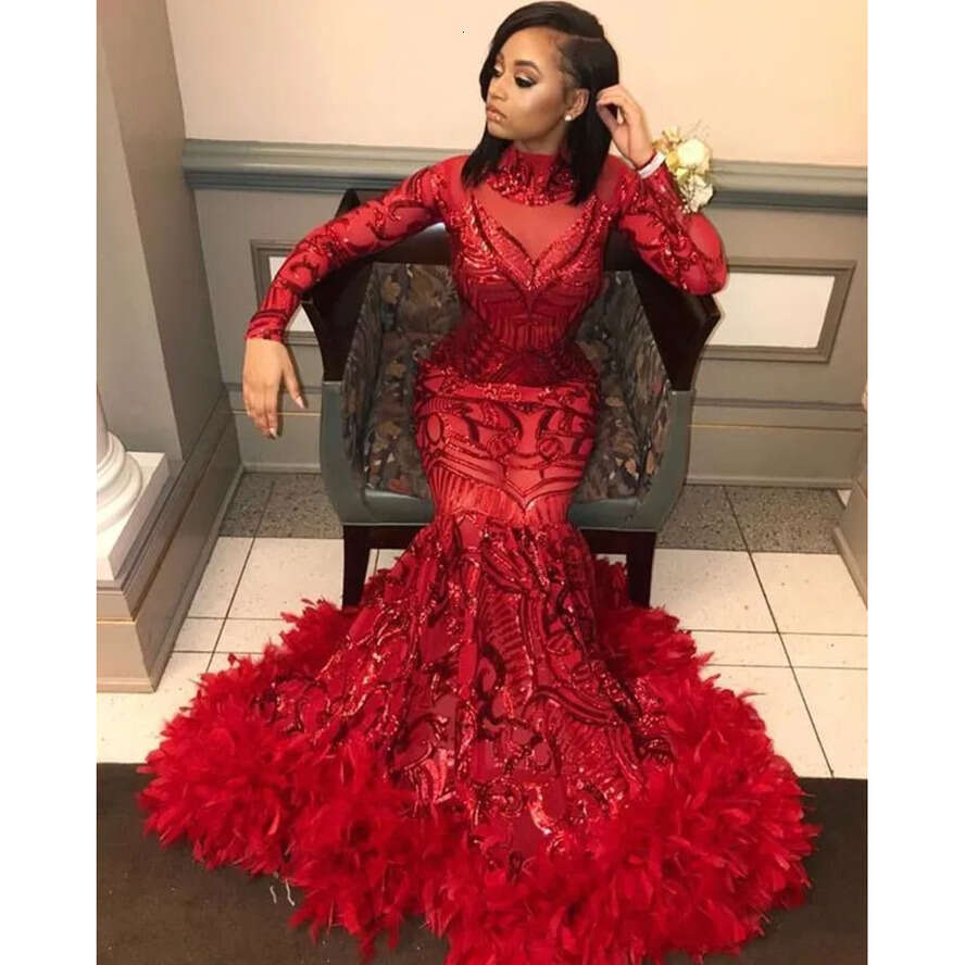 Red Mermaid African Prom Dresses 2020 New Feather Long Sleeve Or Length Sequined High Neck Formal Evening Dress Party Gowns