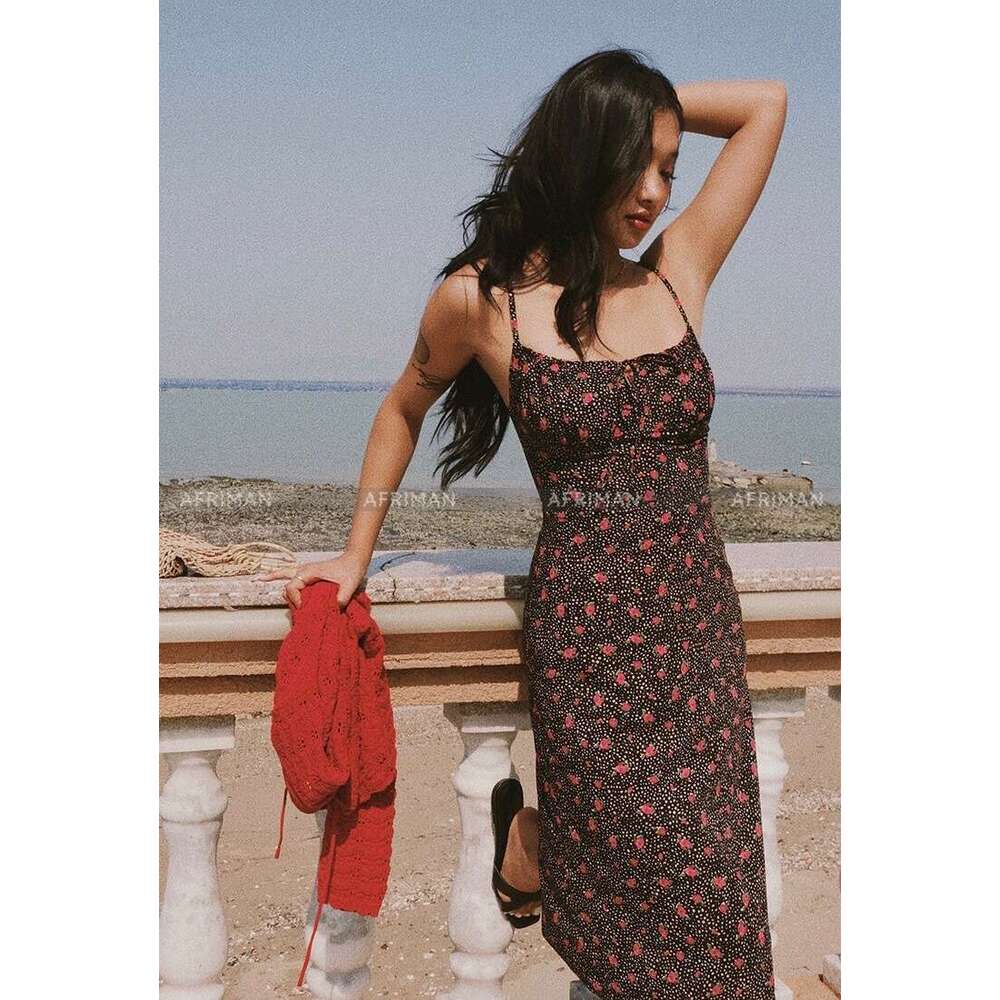 Summer Diagonal Cut Silk Suspender Rose Print Slim Fit Seaside Vacation Dress For Women