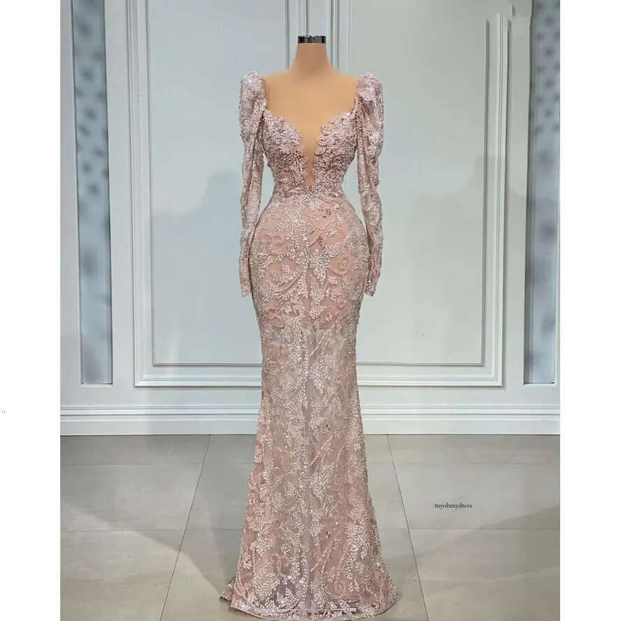Elegant Prom Long Sleeves V Neck Appliques Shiny Sequins Dresses Beaded Train Hollow Lace Or Length Evening Dress Plus Size Custom Made 0431