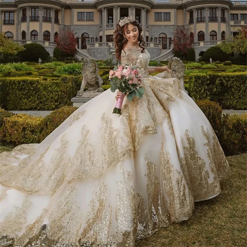Luxury Champagne Quinceanera Dresses Princess Sequin Long Sleeve Charro Mexican Vestidos De 15 Quinceanera Tiered Ruffles Beaded Birthday Dress Xv Deb