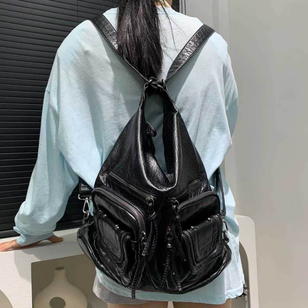 Ladies' fashionable spicy girl backpack with large capacity multiple pockets, washed worn multi-functional shoulder bag 241015