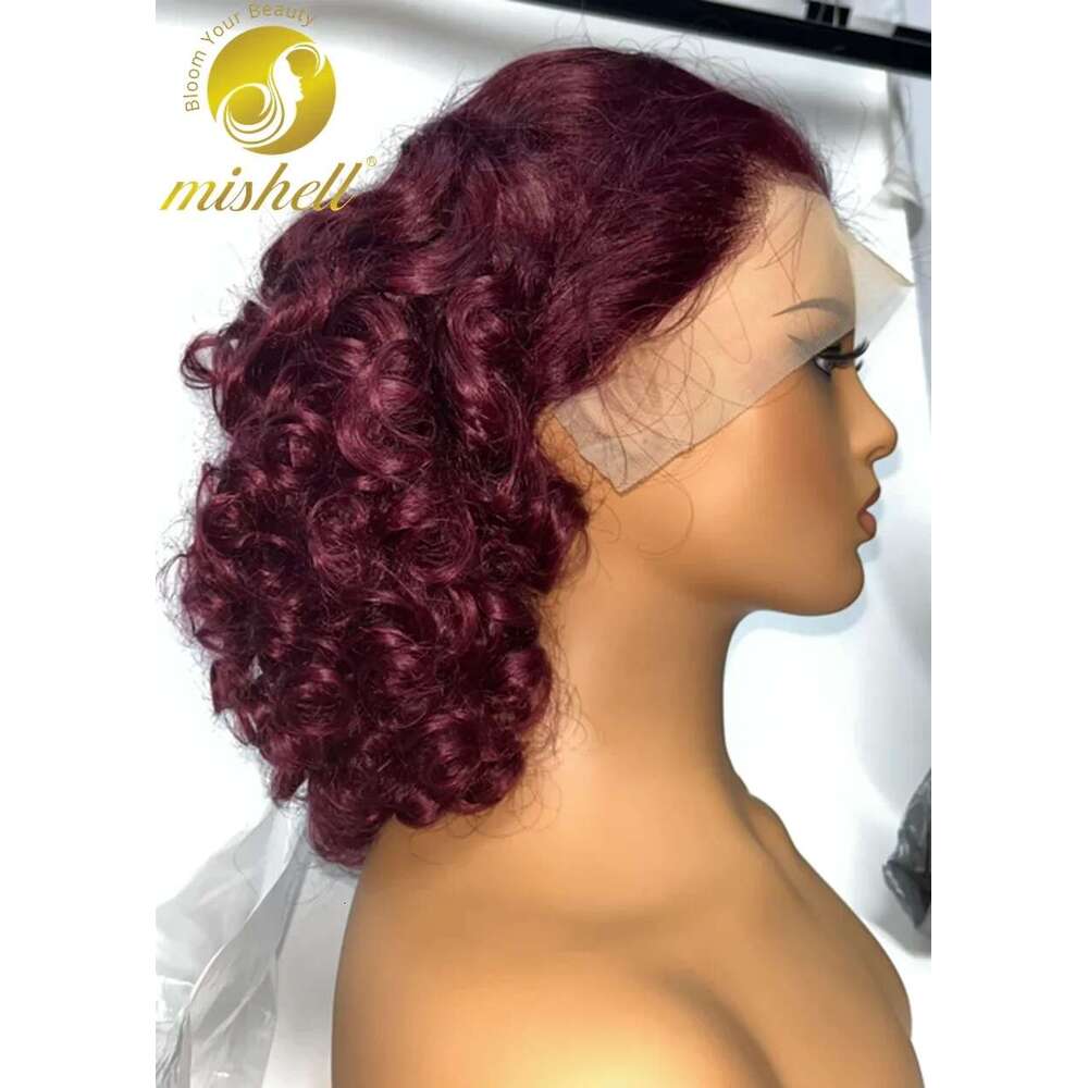 inch x Full Lace Frontal Spring Bouncy Curly Human Hair Wigs Density Burgundy J Short Loose Wave Bob Wig PrePlucked