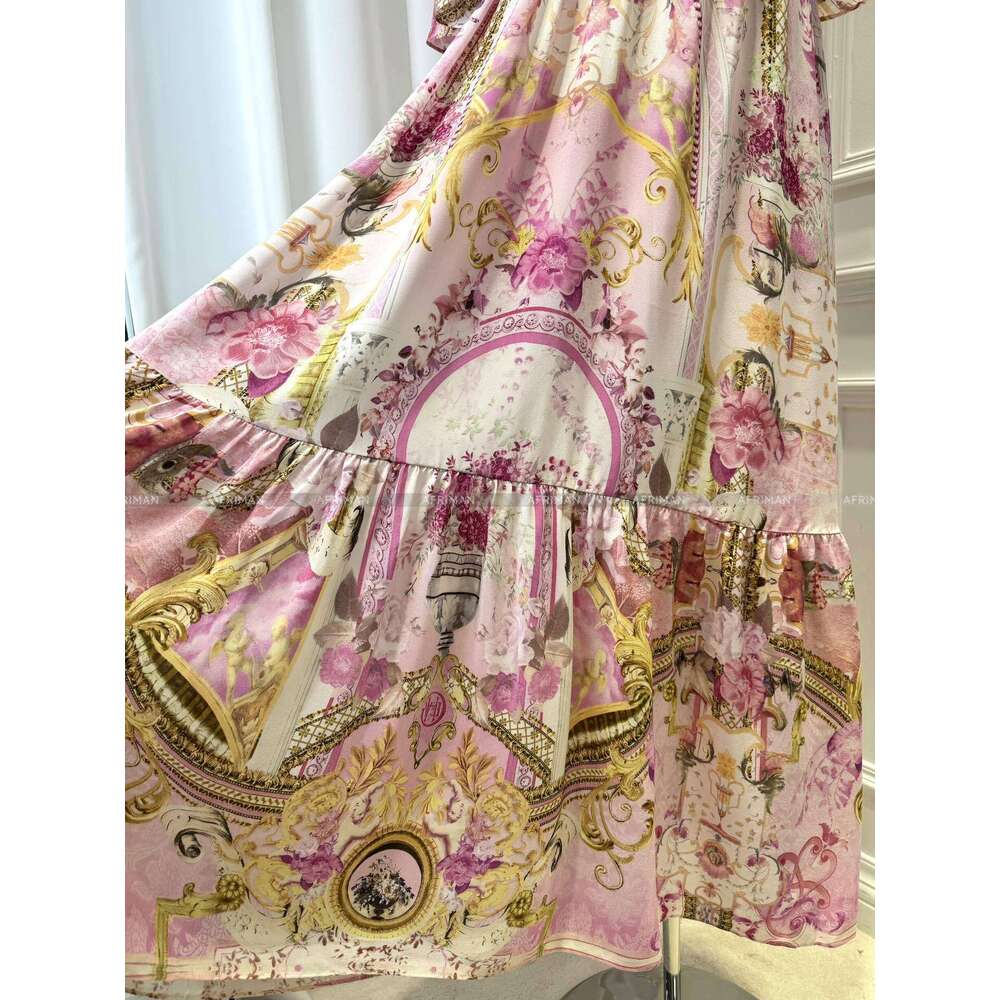 Women V Neck Crystal Beaded Short Flare Sleeve Pink Wer Print 100% Silk Maxi Long Dress