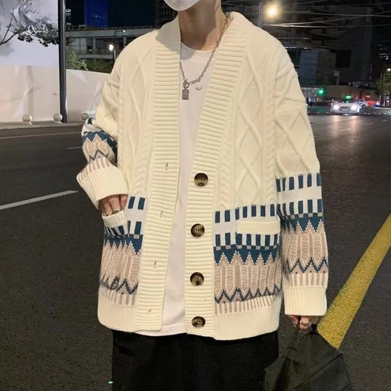 Colorful Cardigan Men Fashion British Style Traditional Allmatch Comfortable Baggy Twisted Knitwear Chic Advanced Long Sleeve 241024