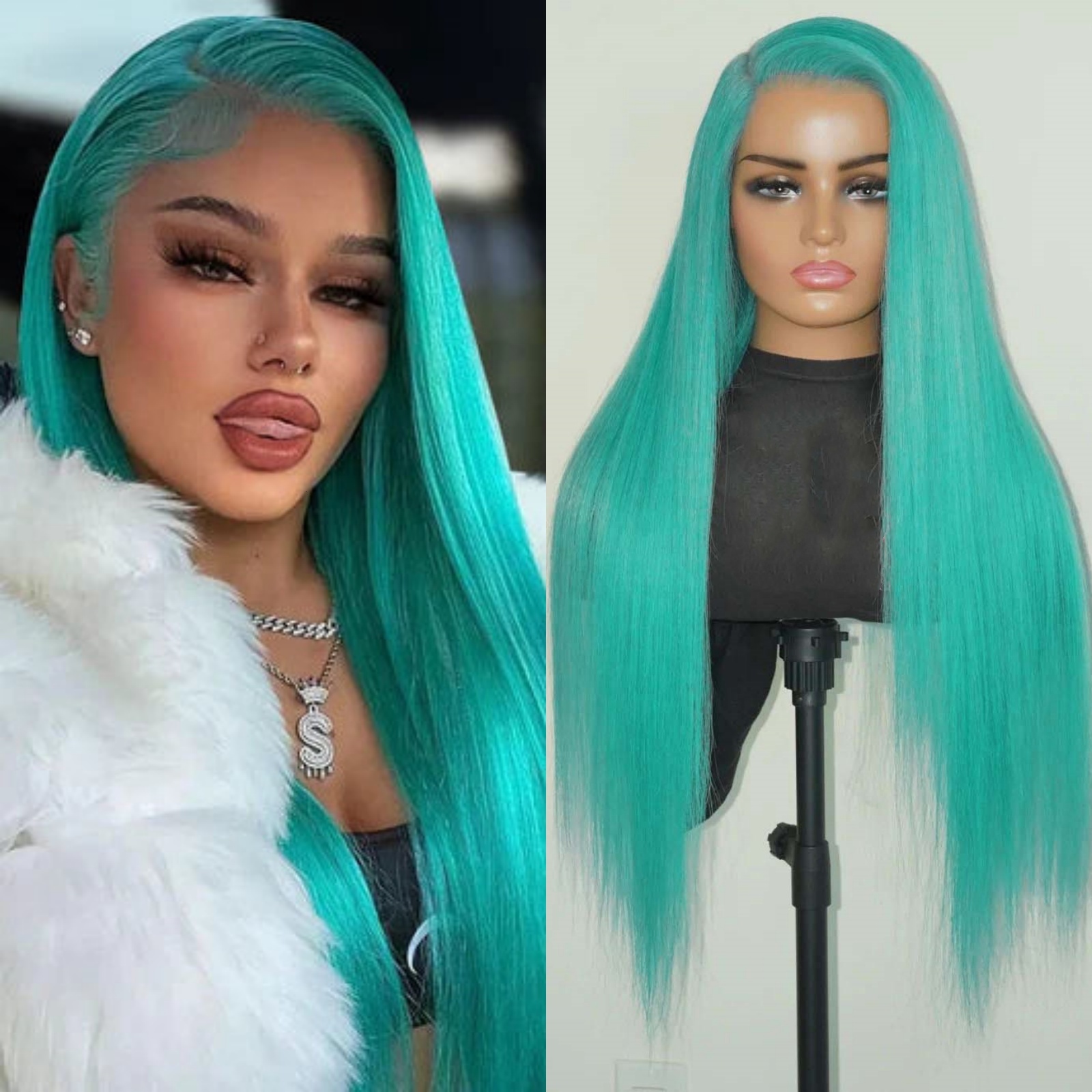 Long Silky Straight Synthetic Lace Front Wig Green Colored Lake Blue Hair Natural 13X4 Frontal Wigs for Women Party Cosplay