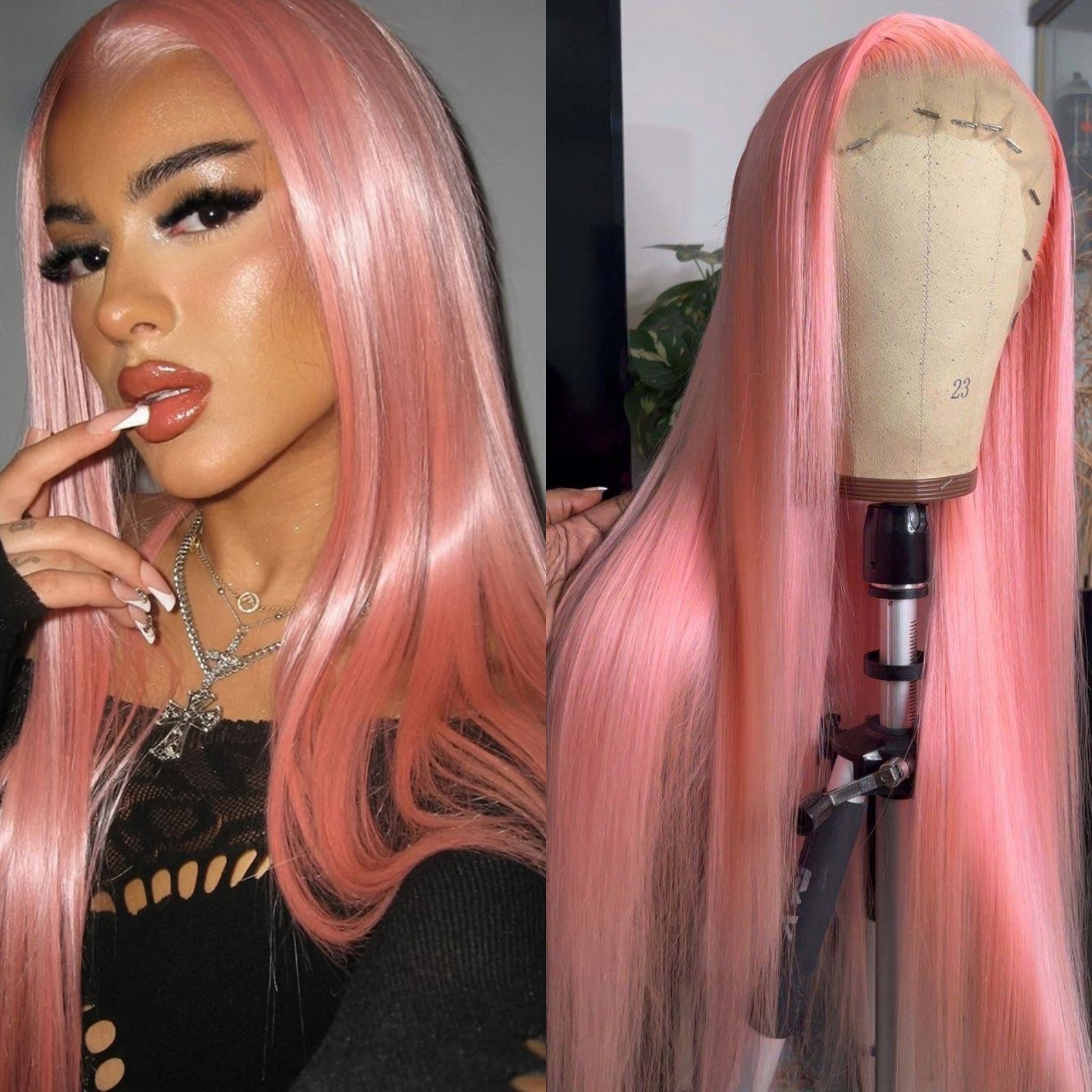 Lace Front for Women Synthetic Pastel Pink Hair Long Silky Straight Natural Wigs 13X4 Frontal Party Colored Wig Cosplay