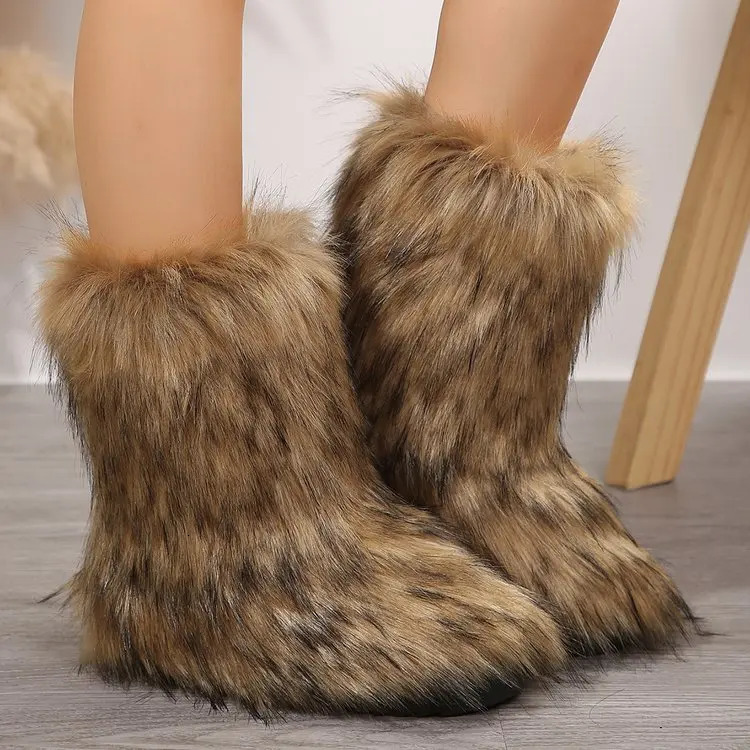 Y2k-Inspired Womens Fluffy Faux Fur Boots Stylish High-Top - Versatile Winter Warmth for Snowy Adventures 241028