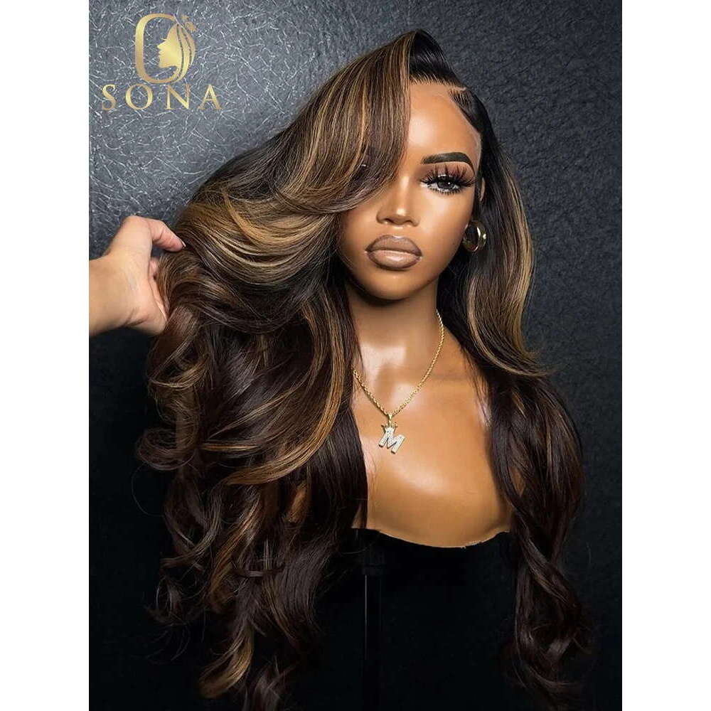 B HD Transparent x Lace Frontal Body Wave Human Hair Wigs Brown Stripe Highlights Honey Blonde Pre Plucked For Women