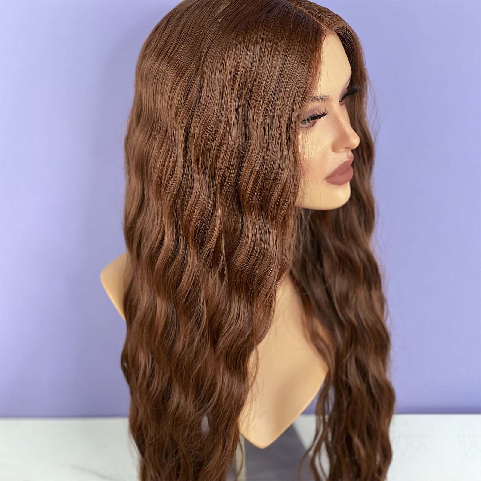 Reddish Brown Synthetic Hair Long Wavy Curly Front Wig Natural Copper Red Auburn Colored Lace Frontal Wigs for Women