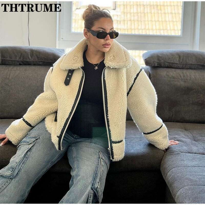 2024 New Fleece Lamb Jackets For Women Fashion Long Sleeve Autumn Winter Zipper Patchwork Coats Casual Streetwear Thick Outwear