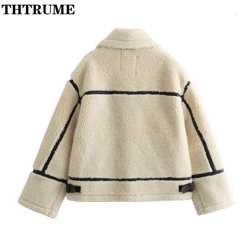 2024 New Fleece Lamb Jackets For Women Fashion Long Sleeve Autumn Winter Zipper Patchwork Coats Casual Streetwear Thick Outwear