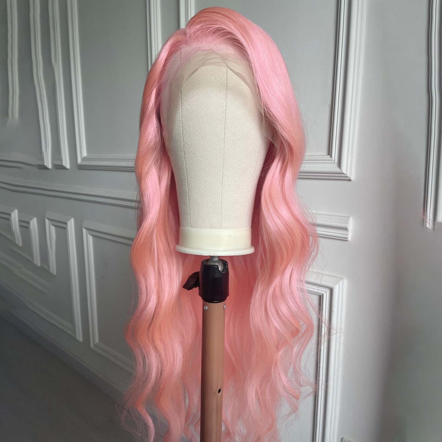 Light Long Wavy Synthetic Front Wig Glueless Natural Body Wave Pink Colored Hair Lace Frontal Wigs for Women Party