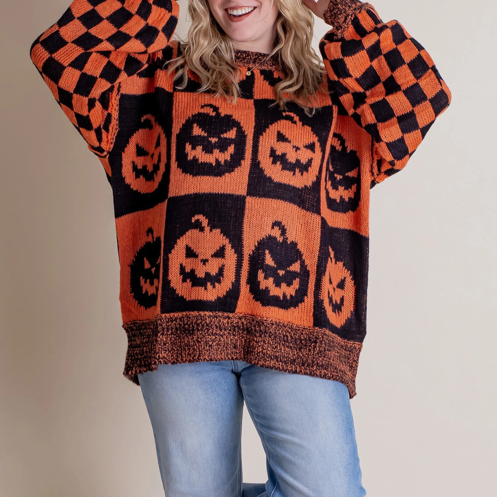 Womens Halloween/Christmas round neck long sleeved sweater with aesthetic gingerbread mens printed knitted loose floral top 241025
