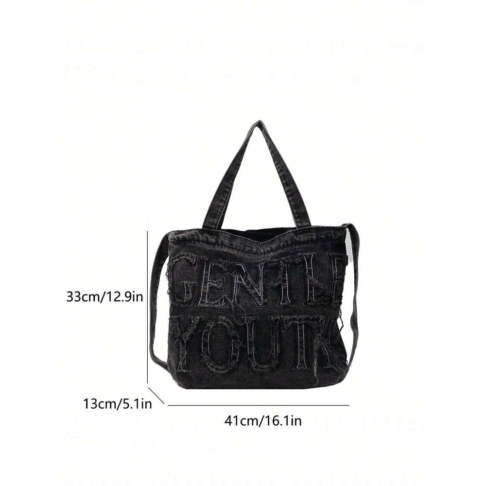 Style Minimalist Raw Edge Letter Design Jeans Canvas Tote Solid Color Large Capacity Shoulder Bag, Suitable For Women