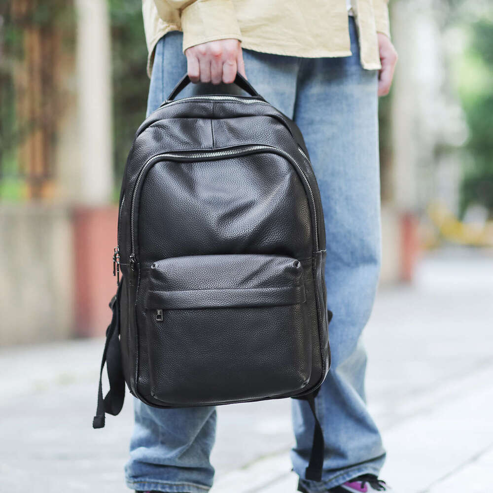 Men Genuine Backpack Classic Big Capacity Women Cow Leather Rucack 15.6 Inch Natural School Bag Office Daypack