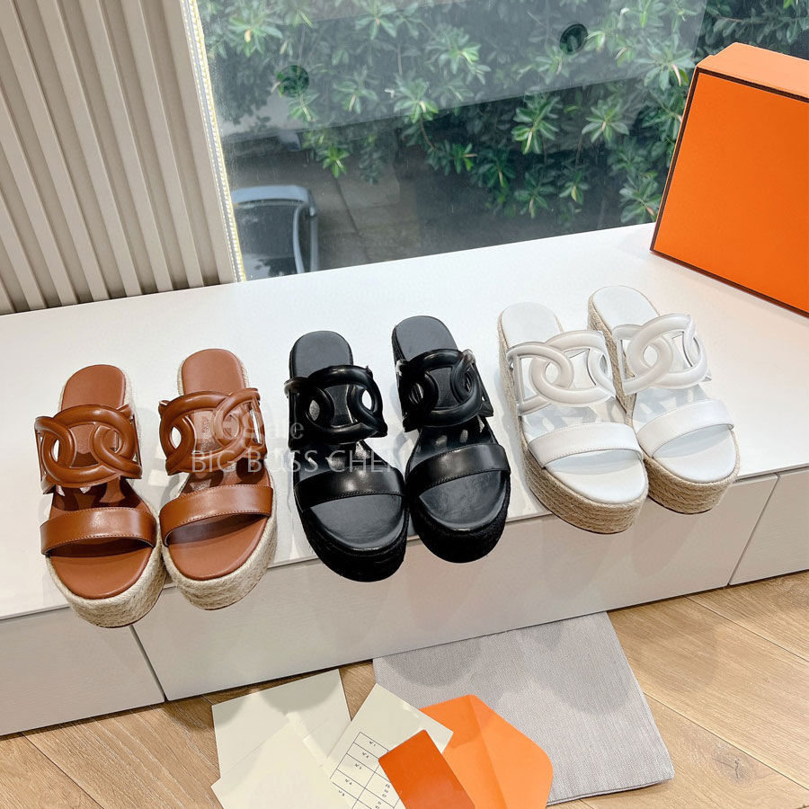 High quality Straw Platform slippers Wedge sandal open toes slides mules shoes slip on shoe Hollow out Luxury designer Evening shoes party shoes