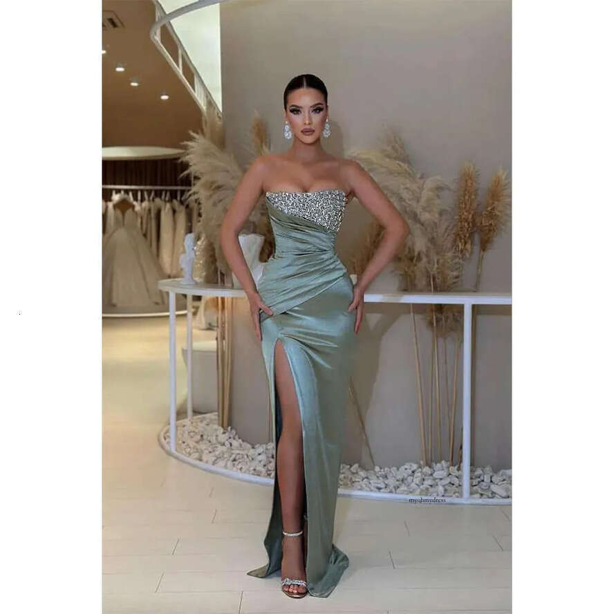 Elegant Women Beaded Evening Party Dresses 2024 Strapless Sleeveless Satin High Split Ruched Prom Gowns Formal Vestidos 0431