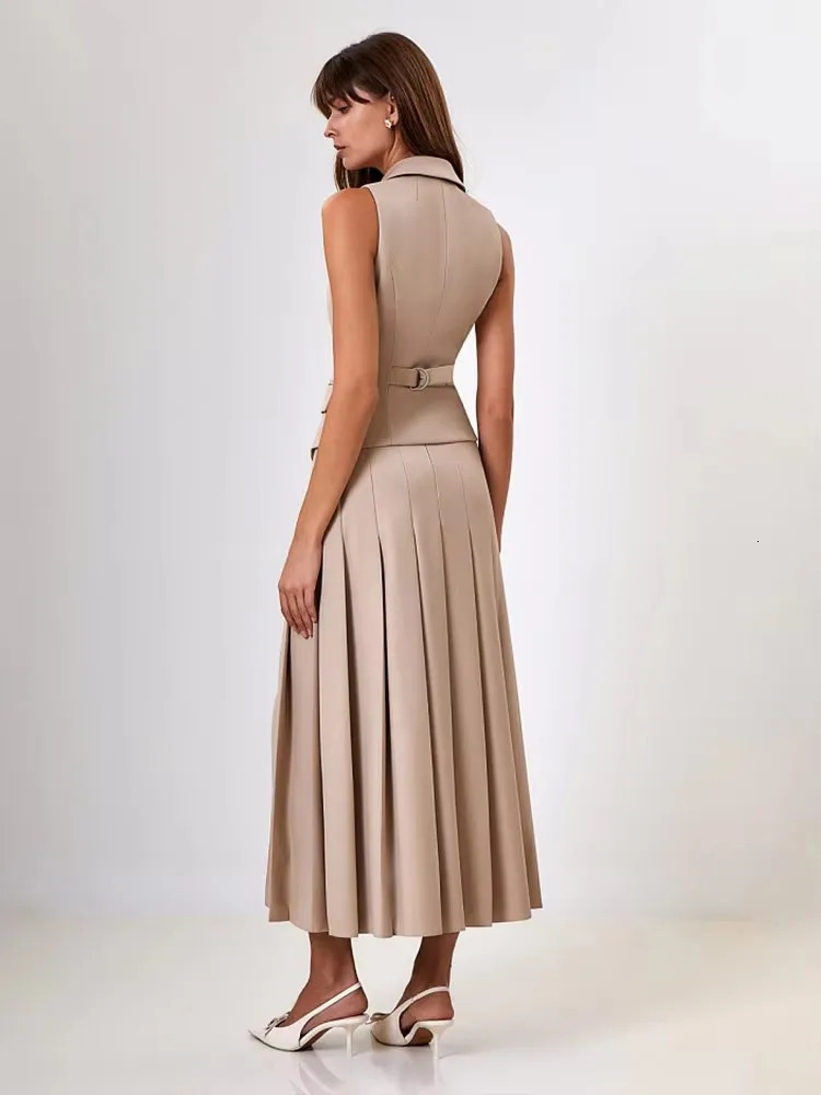 Fantoye Notched Collar Pleated Two Piece Set Women Blazer Suit Single Breasted Vest High Slit Skirt Autumn Elegant Skirt Set 241028