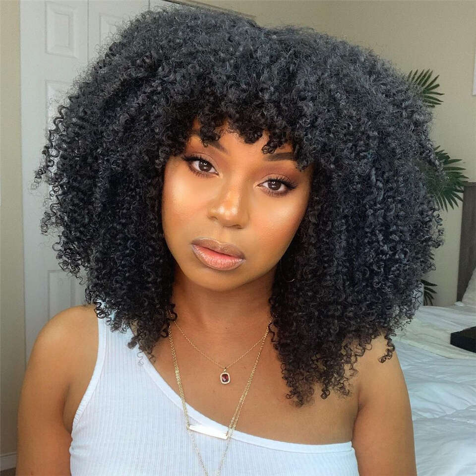Pixie Cut Afro Kinky Curly Short BOB Human Hair Wigs with Bangs Full Machine Made Wig Fringe for Women