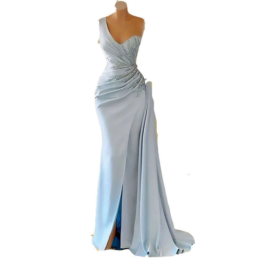 2024 Arabic Sheath Evening Dresses Wear One Shoulder Lace Appliques Crystal Beads Light Prom Dress Front Split Formal Party Second Reception Gonws 051