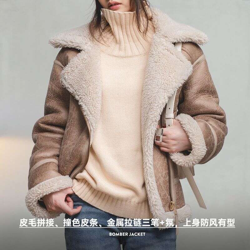 MADEN Women Imitation Lamb Fur Leather 2024 Autumn Winter Long Sleeve Turn-Down Collar Warm Thick Coat Bomber Jacket