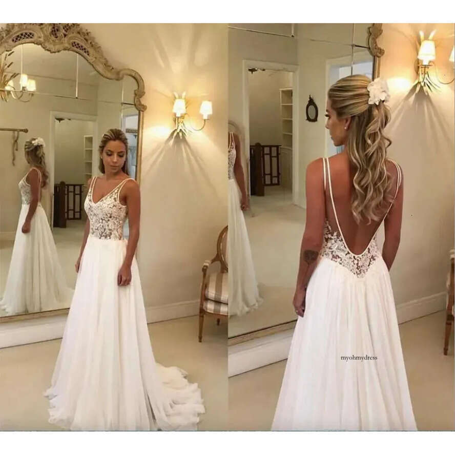 2023 Cheap Beach Dresses Lace Appliqued V Neck A E Sexy Backless Boho Wedding Dress Sweep Train Custom Garden Bridal Gowns 0509