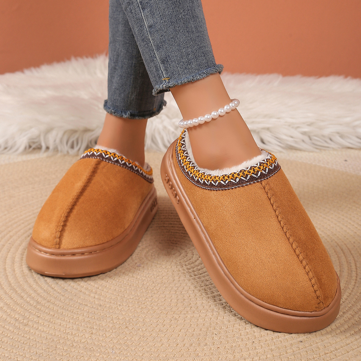 2025 free shipping designer shoes mens flat sandals for women fury winter cotton brown warm thick soled plush slippers sliders slide