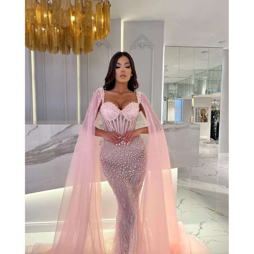 Elegant Pink With Cape Bone Bodice Beading Pearls Formal Prom Party Gowns Dresses For Special Ocns Pleats Evening Gown 0516