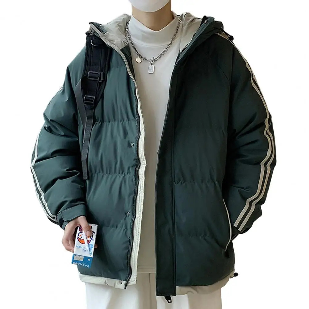 Fashion Thick Men Cotton Jacket Hooded Long Sleeve Parkas Patchwork Color Padded Coat Warm Zipper Outwear 241024