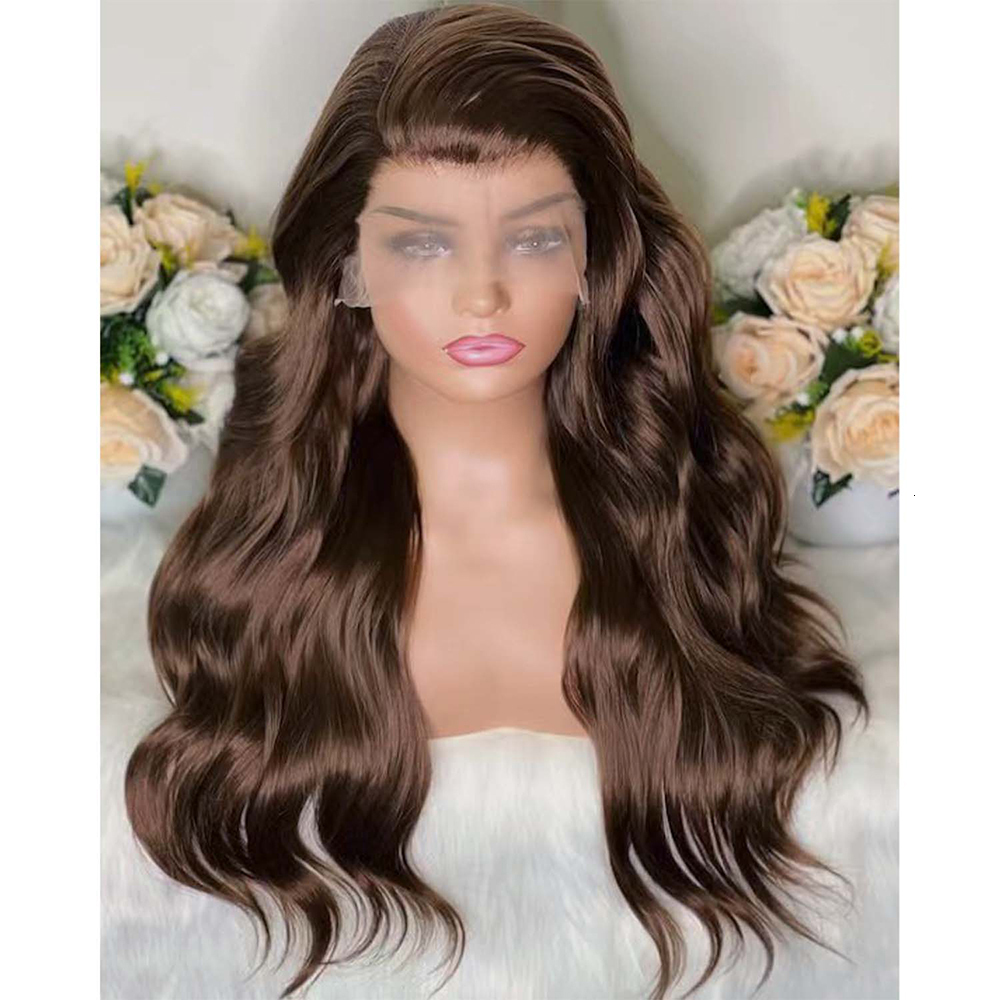 RONGDUOYI Chocolate Dark Brown Long Wavy Synthetic Frontal Wigs for Women Glueless Natural Haire Wave Hair Wig Daily Party